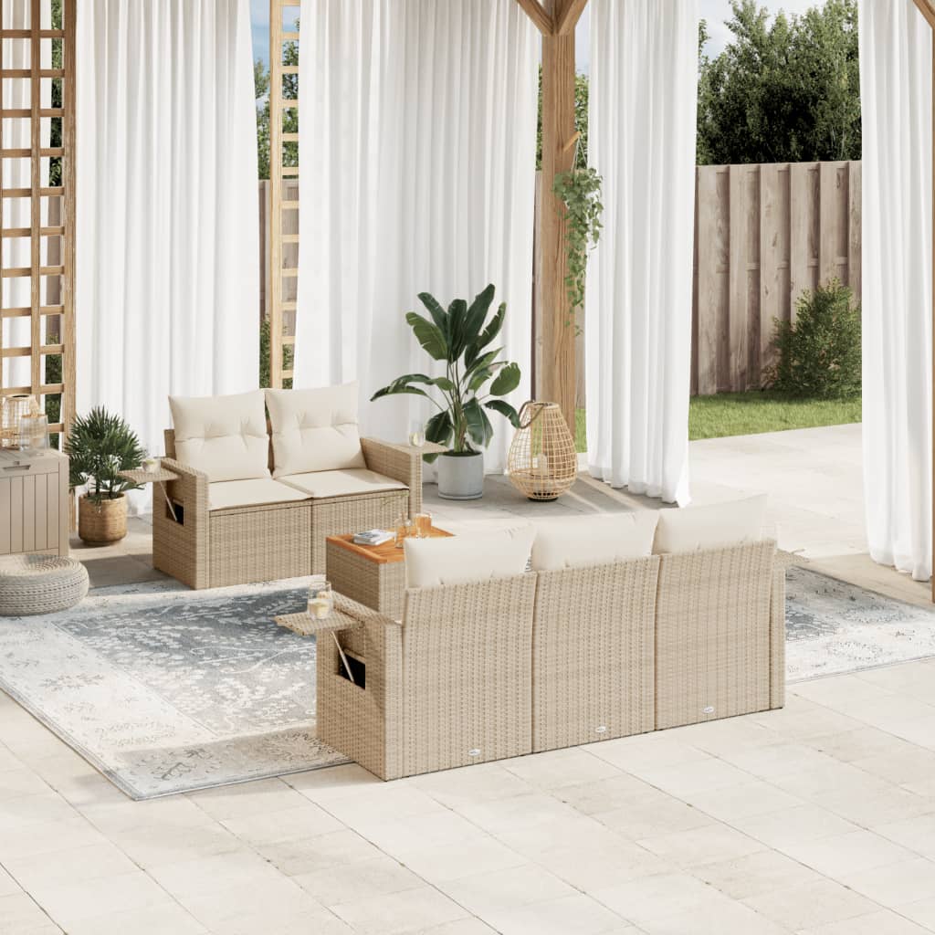 6-delige Loungeset met kussens poly rattan beige – afbeelding 1