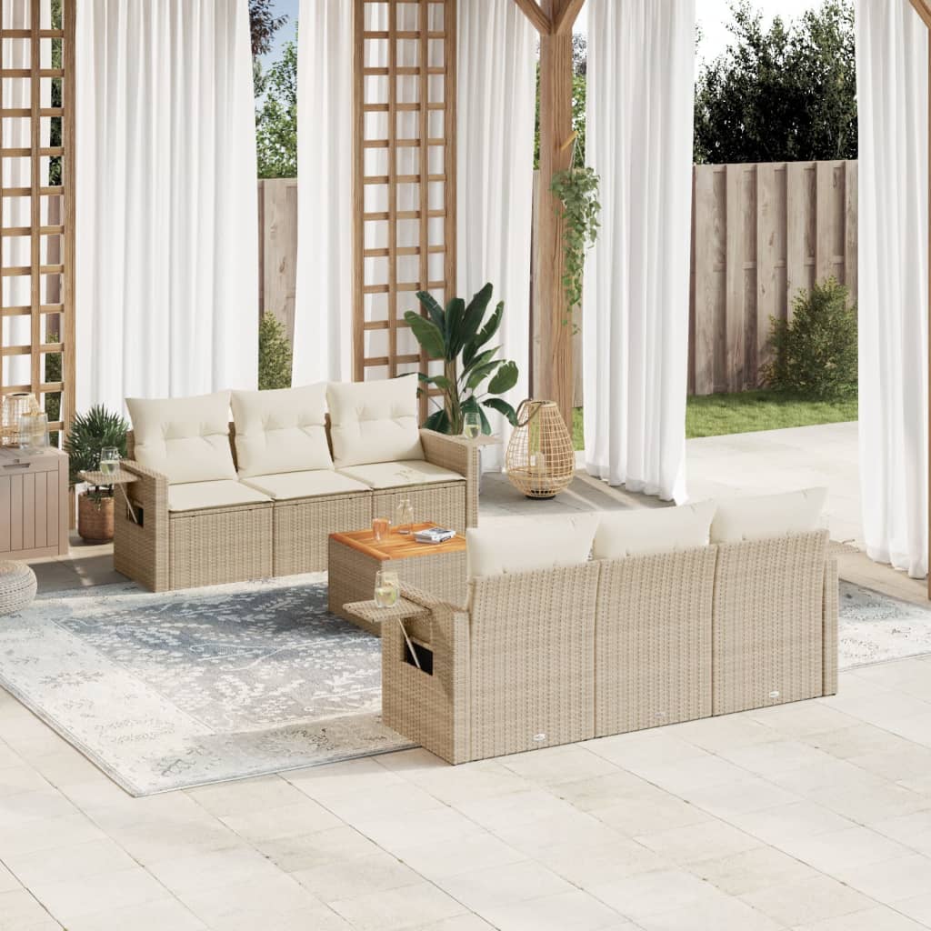 7-delige Loungeset met kussens poly rattan beige – afbeelding 1
