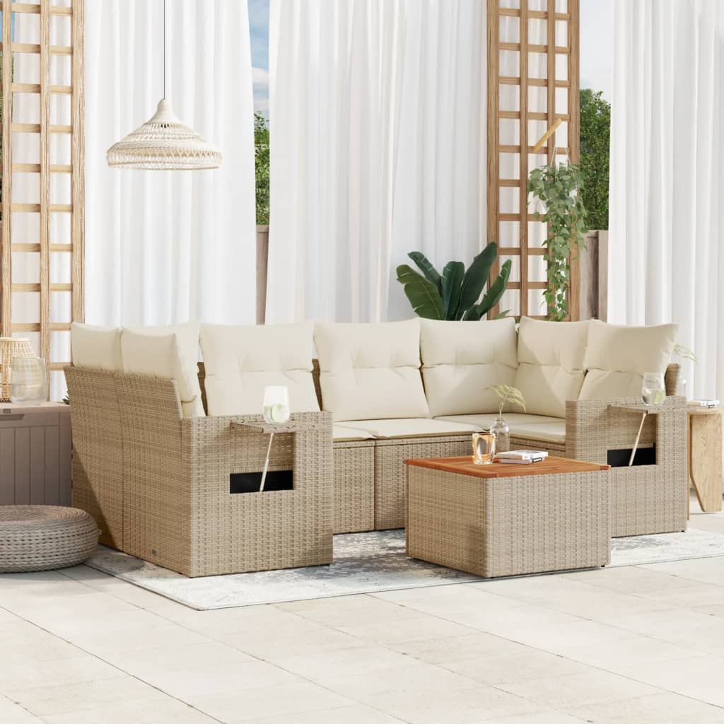 7-delige Loungeset met kussens poly rattan beige – afbeelding 1