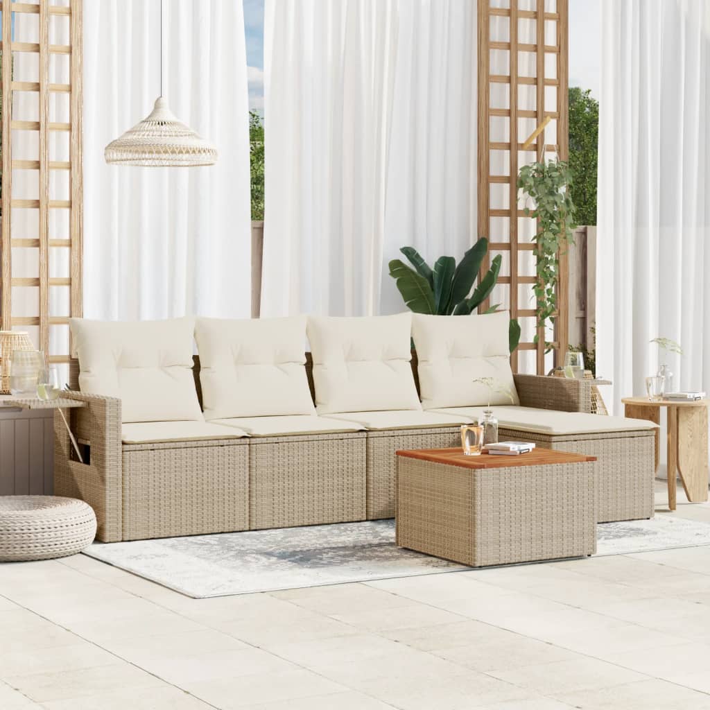 6-delige Loungeset met kussens poly rattan beige – afbeelding 1