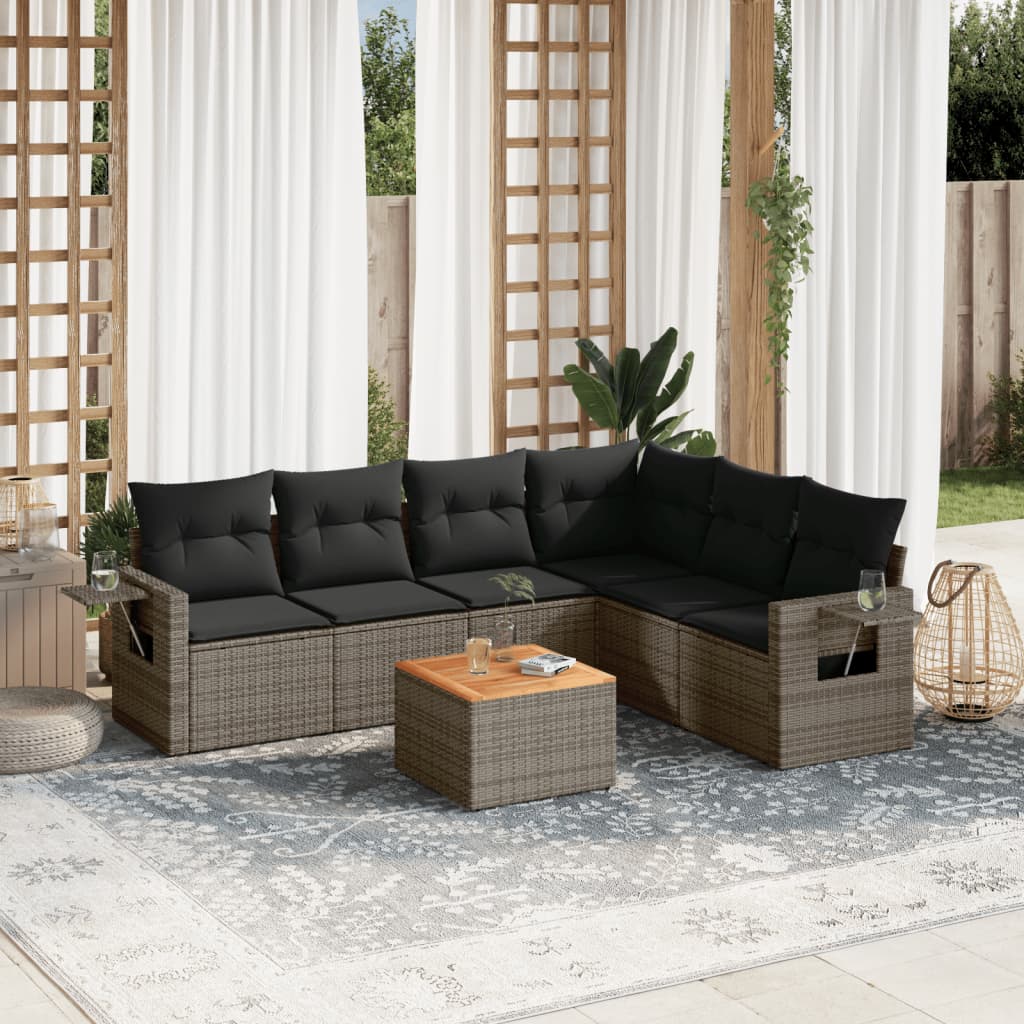7-delige Loungeset met kussens poly rattan grijs – afbeelding 1