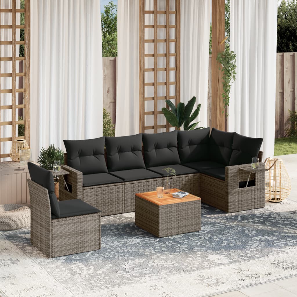 7-delige Loungeset met kussens poly rattan grijs – afbeelding 1