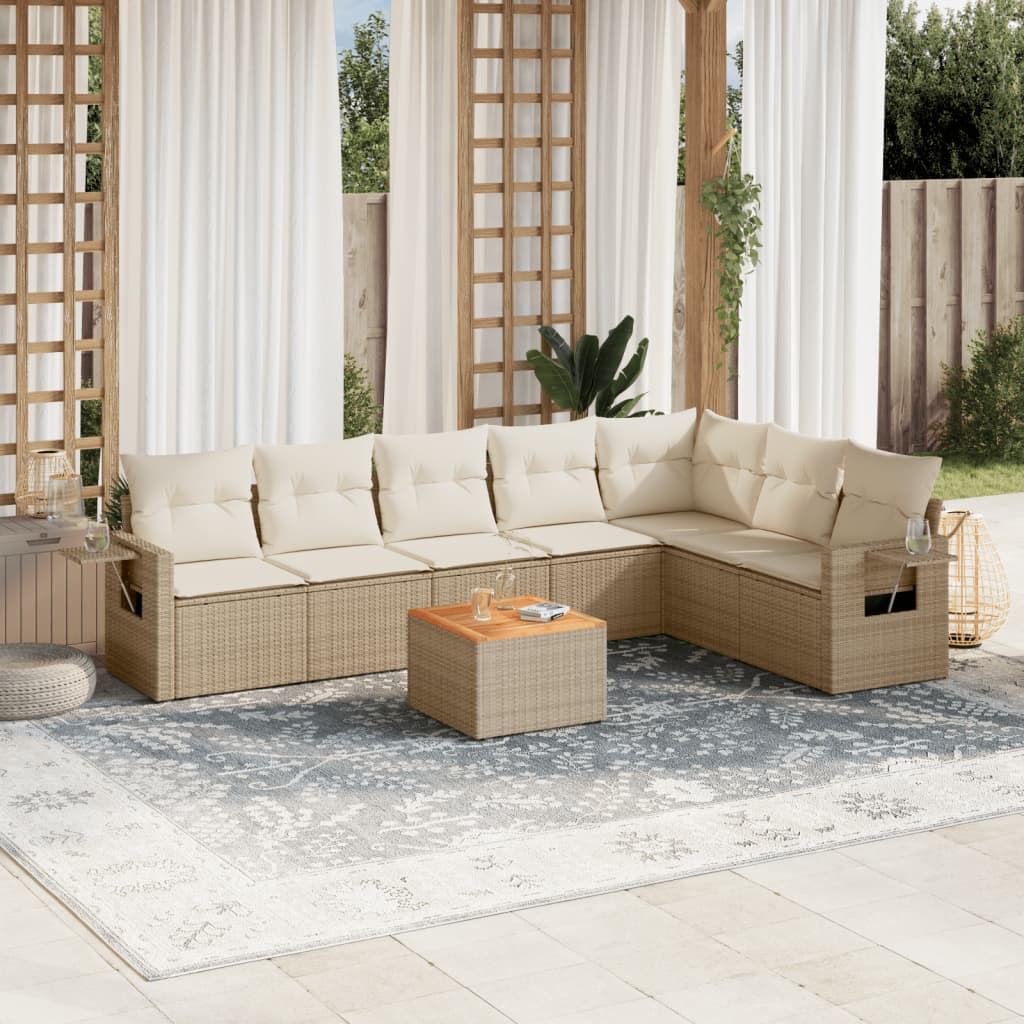 8-delige Loungeset met kussens poly rattan beige – afbeelding 1
