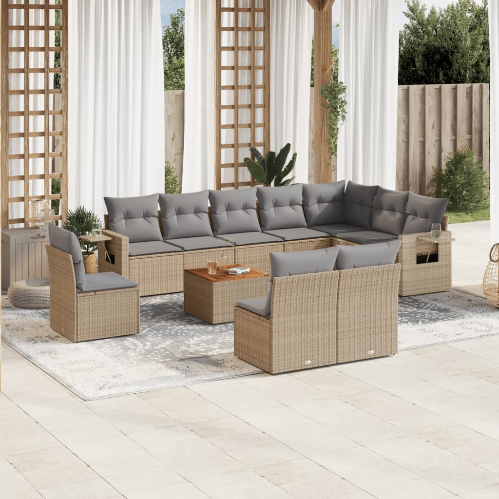 11-delige Loungeset met kussens poly rattan gemengd beige – afbeelding 1