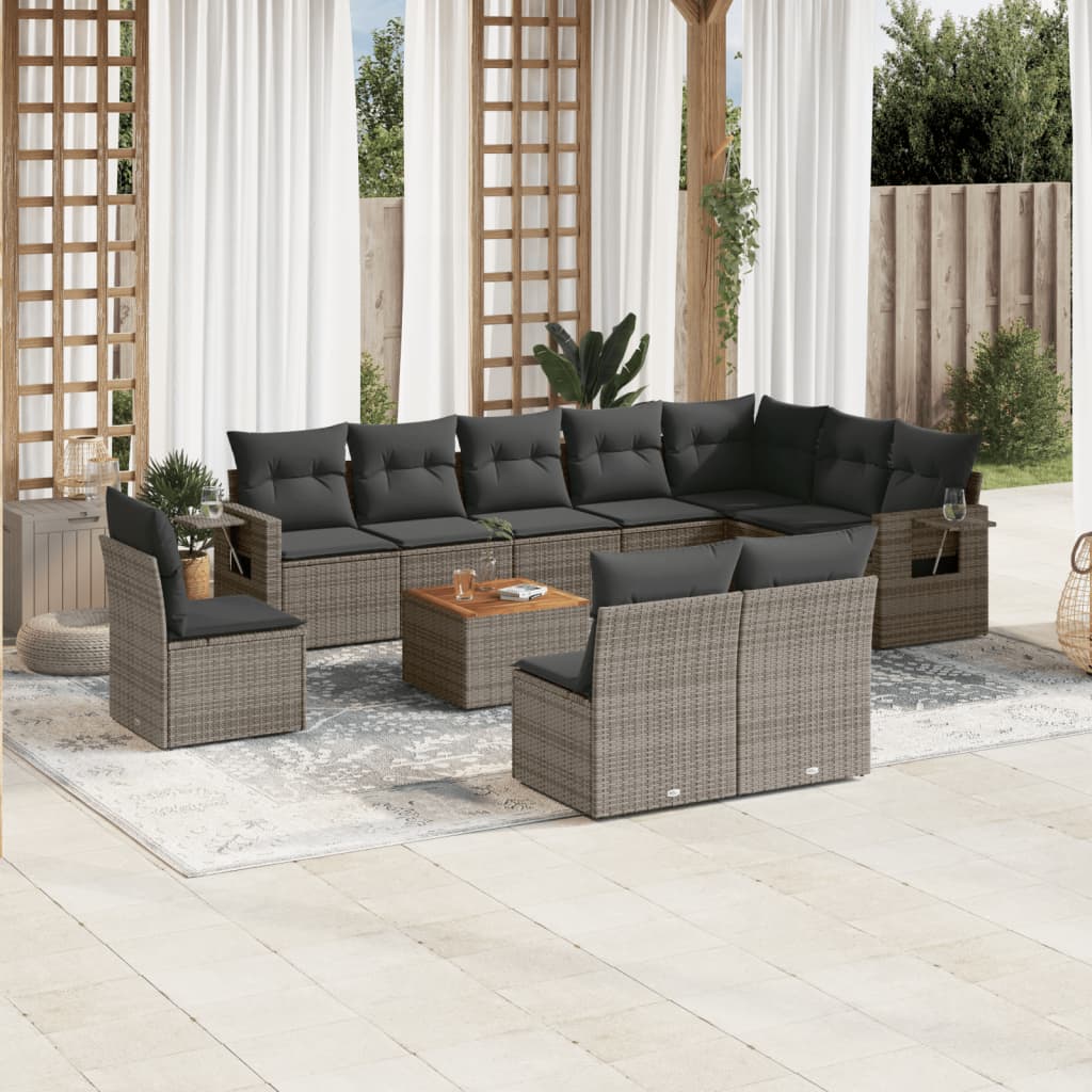 11-delige Loungeset met kussens poly rattan grijs – afbeelding 1