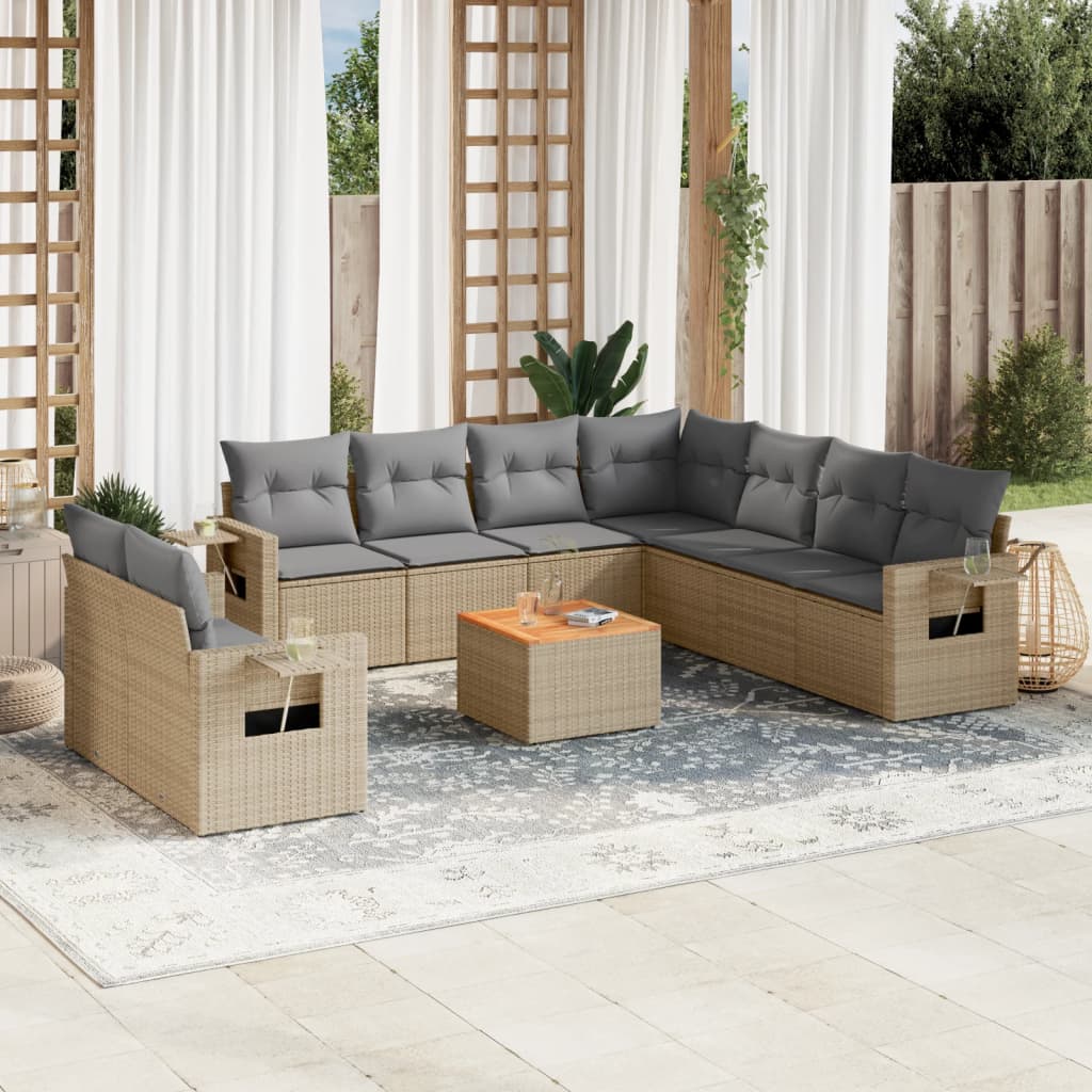 10-delige Loungeset met kussens poly rattan gemengd beige – afbeelding 1