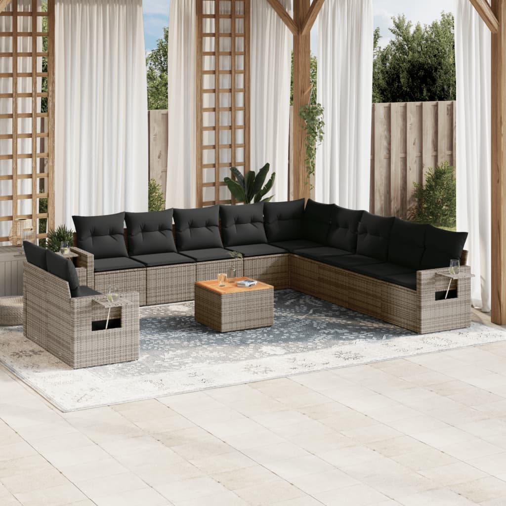 12-delige Loungeset met kussens poly rattan grijs – afbeelding 1