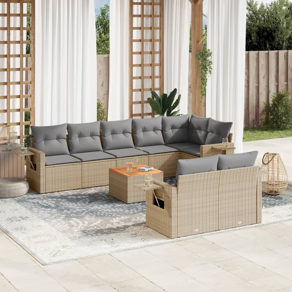 9-delige Loungeset met kussens poly rattan gemengd beige – afbeelding 1