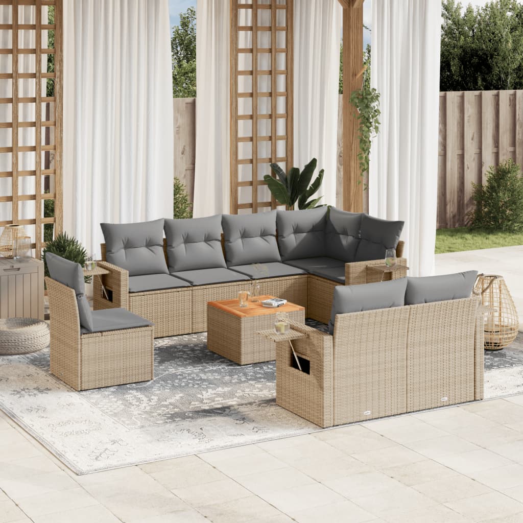 9-delige Loungeset met kussens poly rattan gemengd beige – afbeelding 1