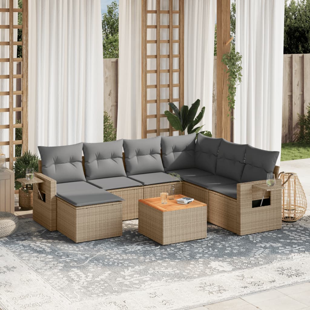 8-delige Loungeset met kussens poly rattan gemengd beige – afbeelding 1