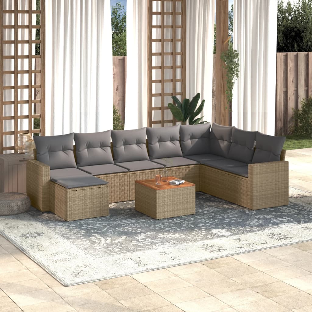 9-delige Loungeset met kussens poly rattan gemengd beige – afbeelding 1
