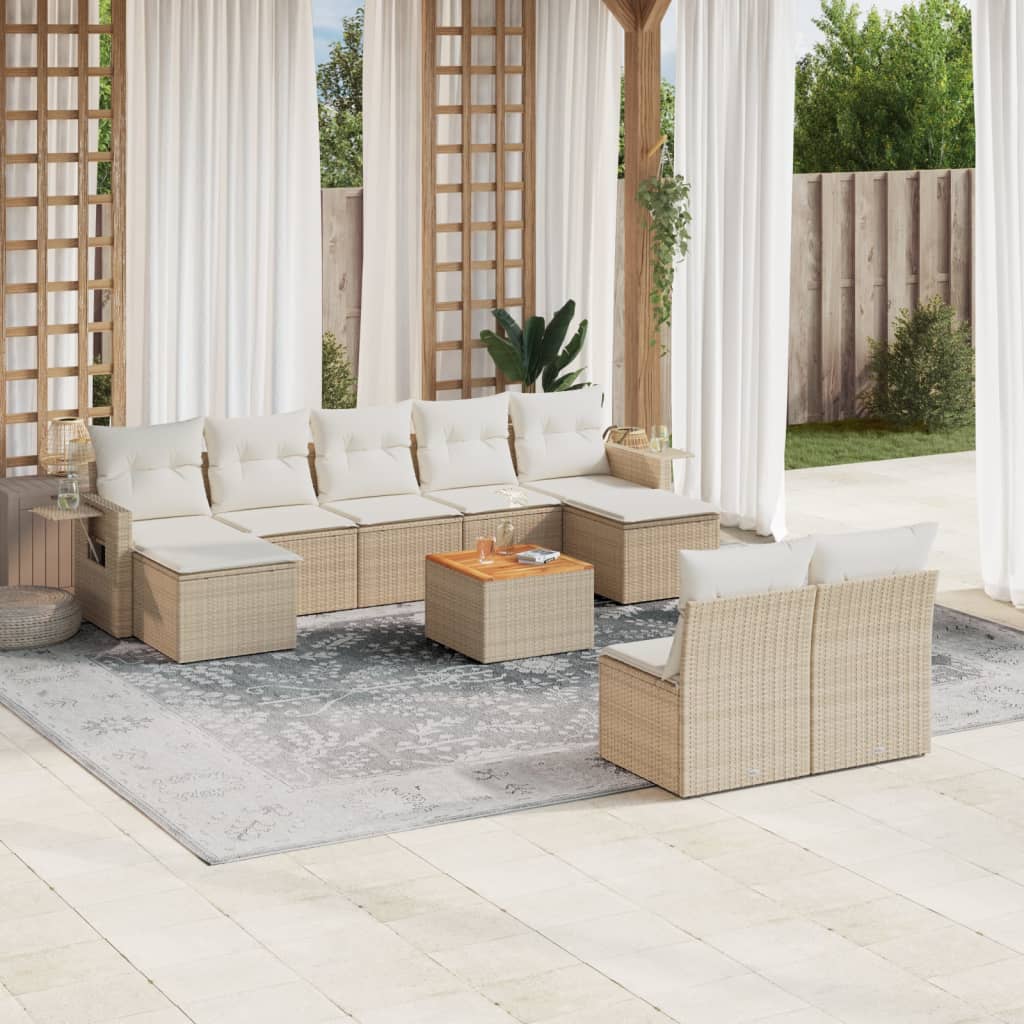10-delige Loungeset met kussens poly rattan beige – afbeelding 1