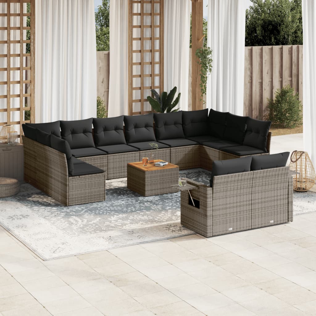 13-delige Loungeset met kussens poly rattan grijs – afbeelding 1
