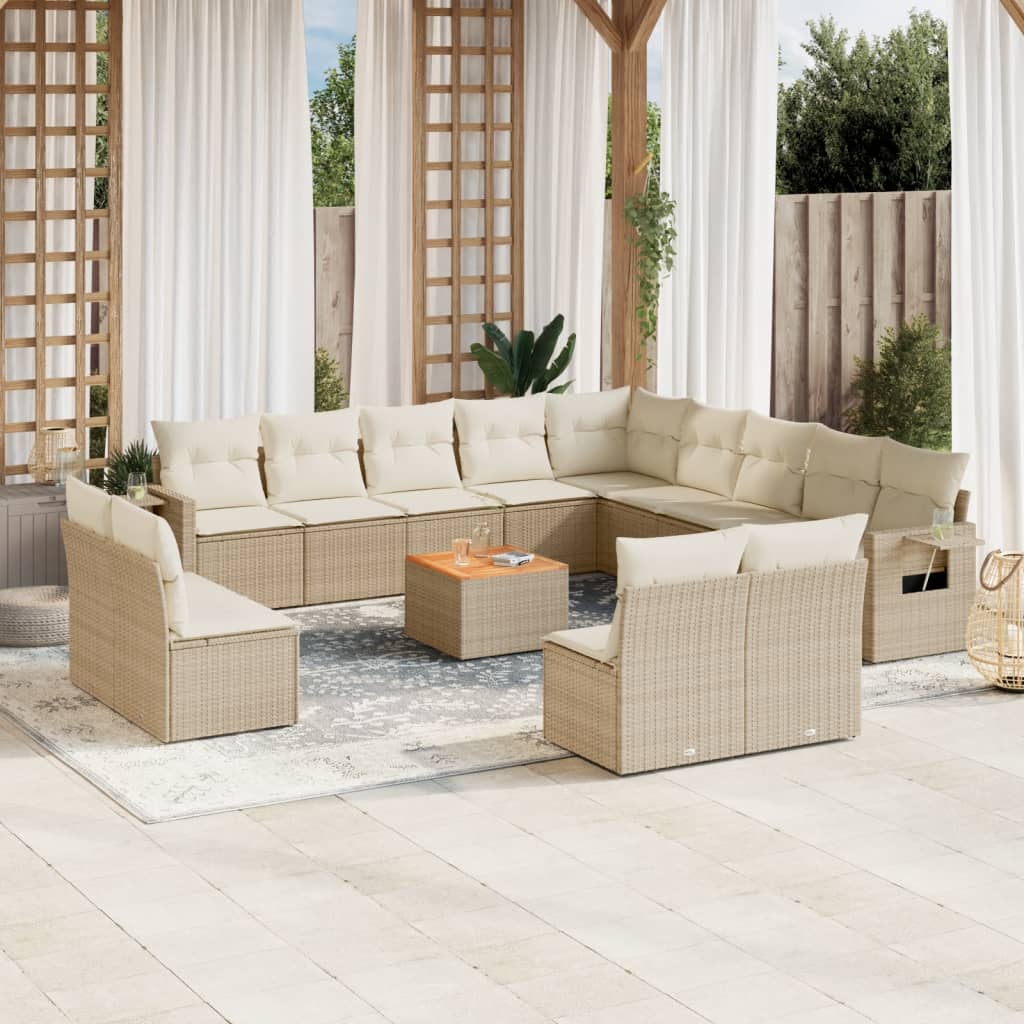 14-delige Loungeset met kussens poly rattan beige – afbeelding 1