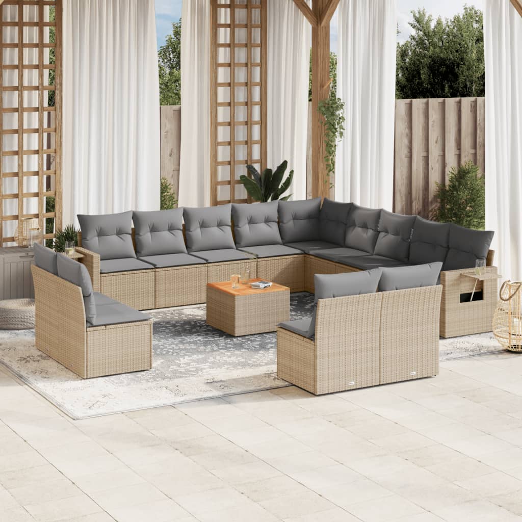 14-delige Loungeset met kussens poly rattan gemengd beige – afbeelding 1
