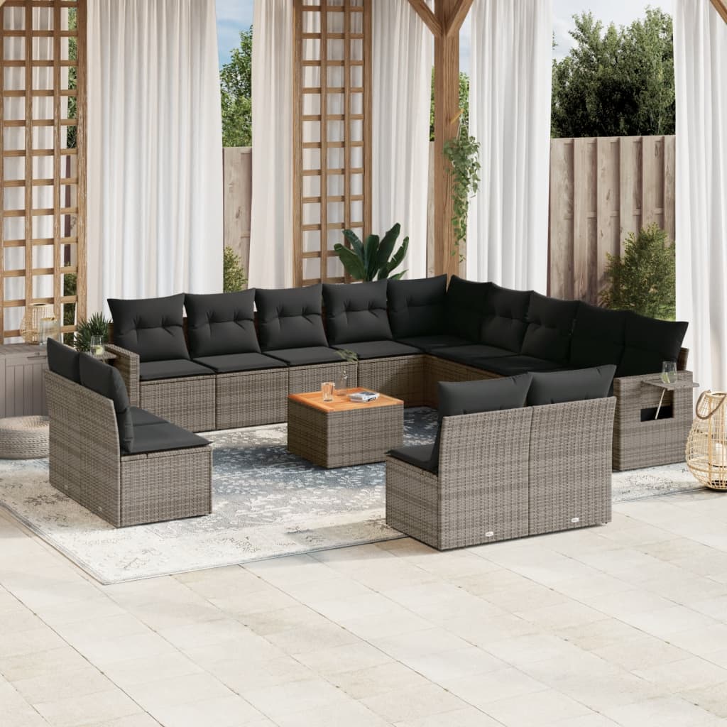 14-delige Loungeset met kussens poly rattan grijs – afbeelding 1
