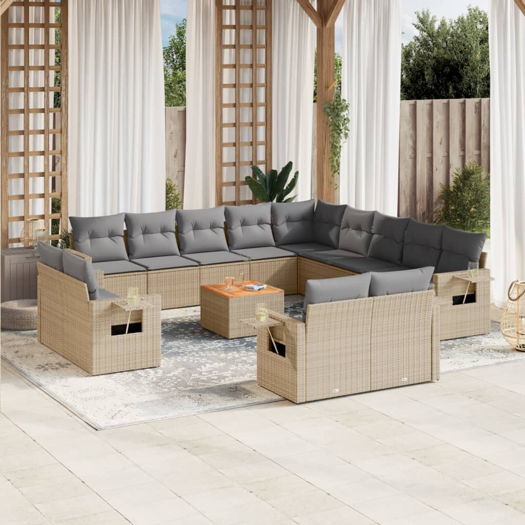 14-delige Loungeset met kussens poly rattan gemengd beige – afbeelding 1