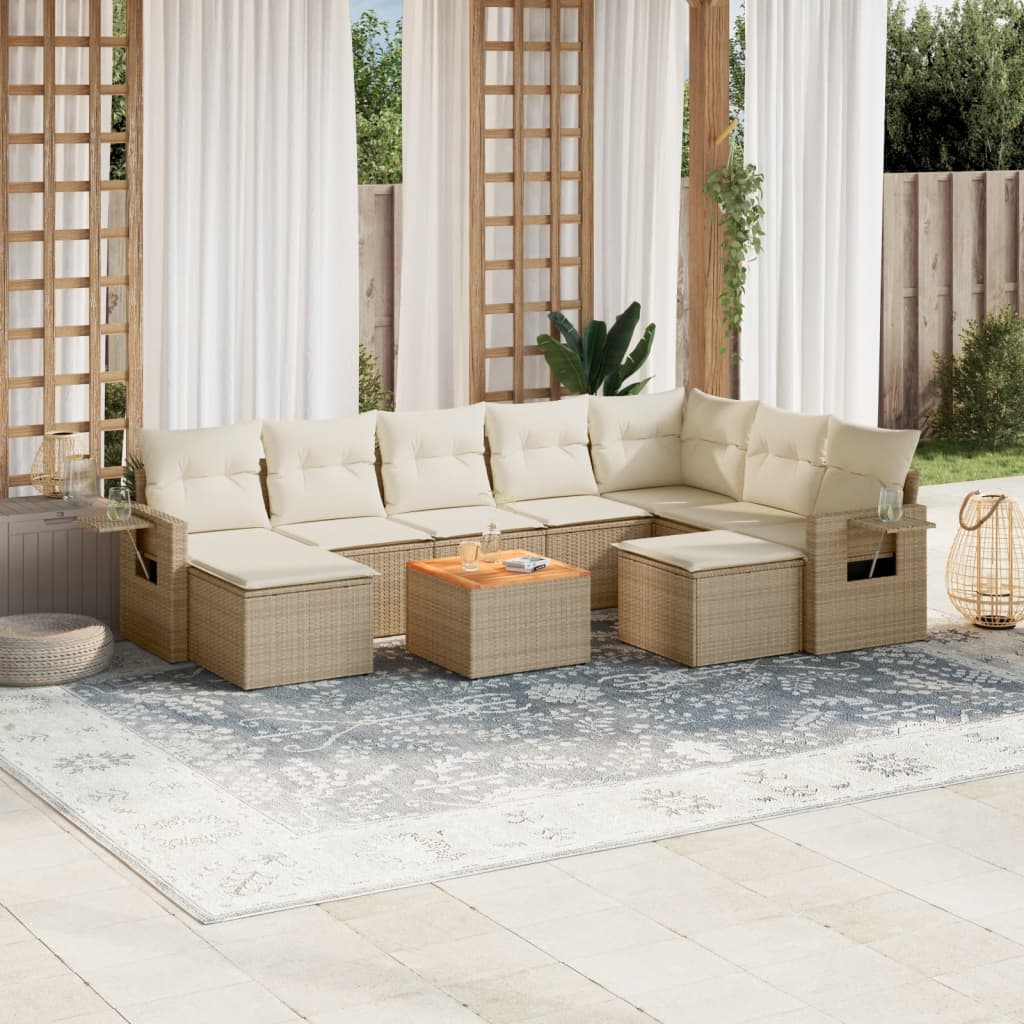 10-delige Loungeset met kussens poly rattan beige – afbeelding 1