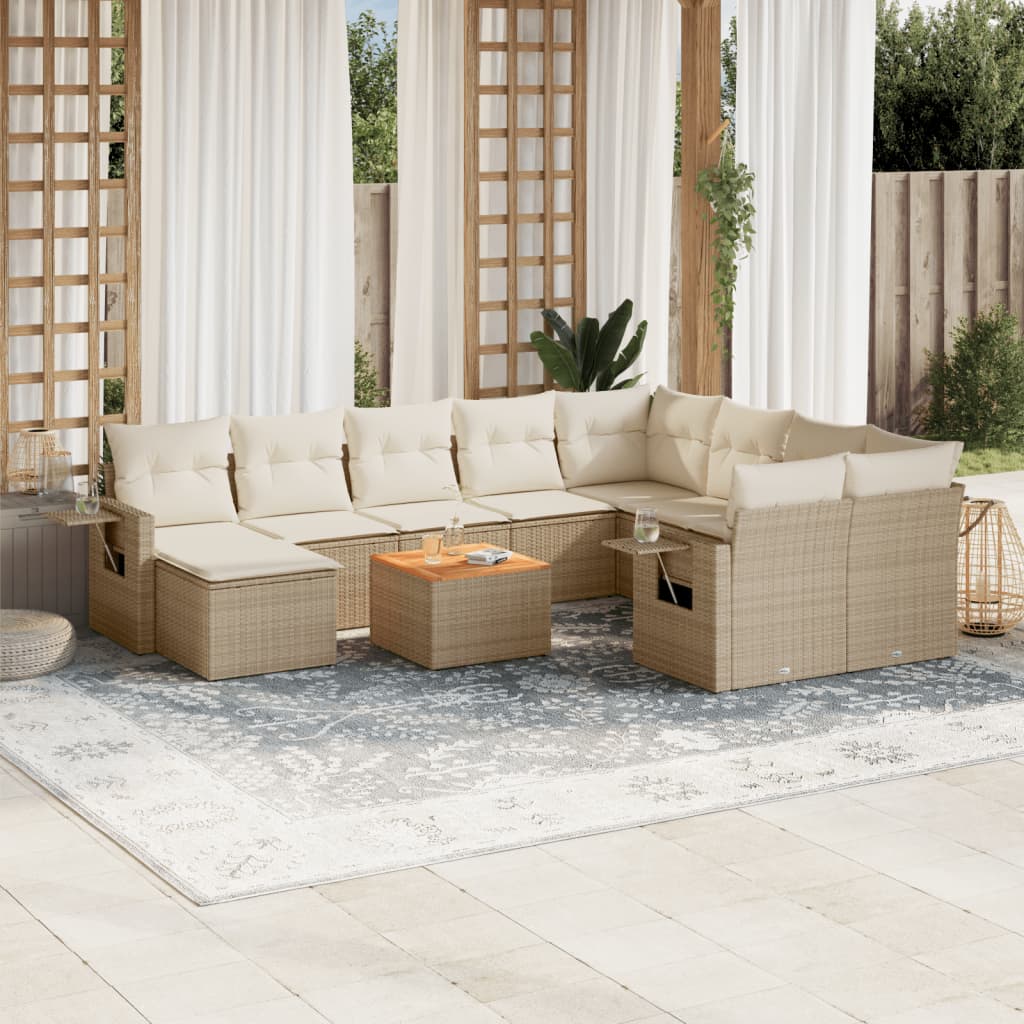 11-delige Tuinset met kussens poly rattan beige – afbeelding 1