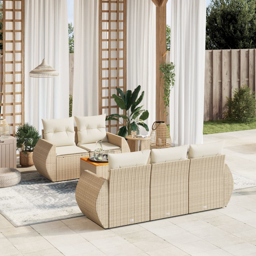 6-delige Loungeset met kussens poly rattan beige – afbeelding 1