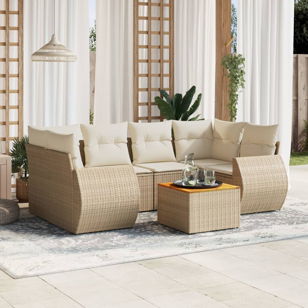 7-delige Loungeset met kussens poly rattan beige – afbeelding 1
