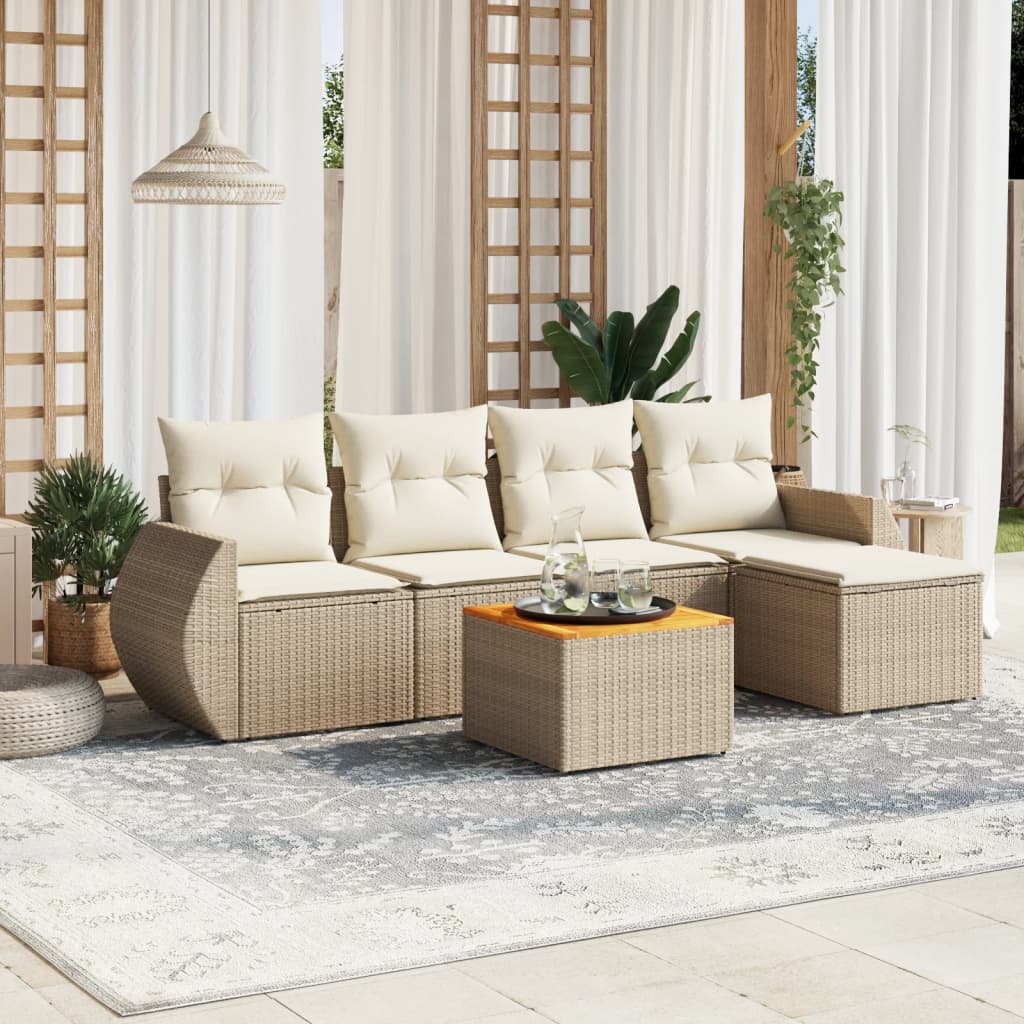 6-delige Loungeset met kussens poly rattan beige – afbeelding 1