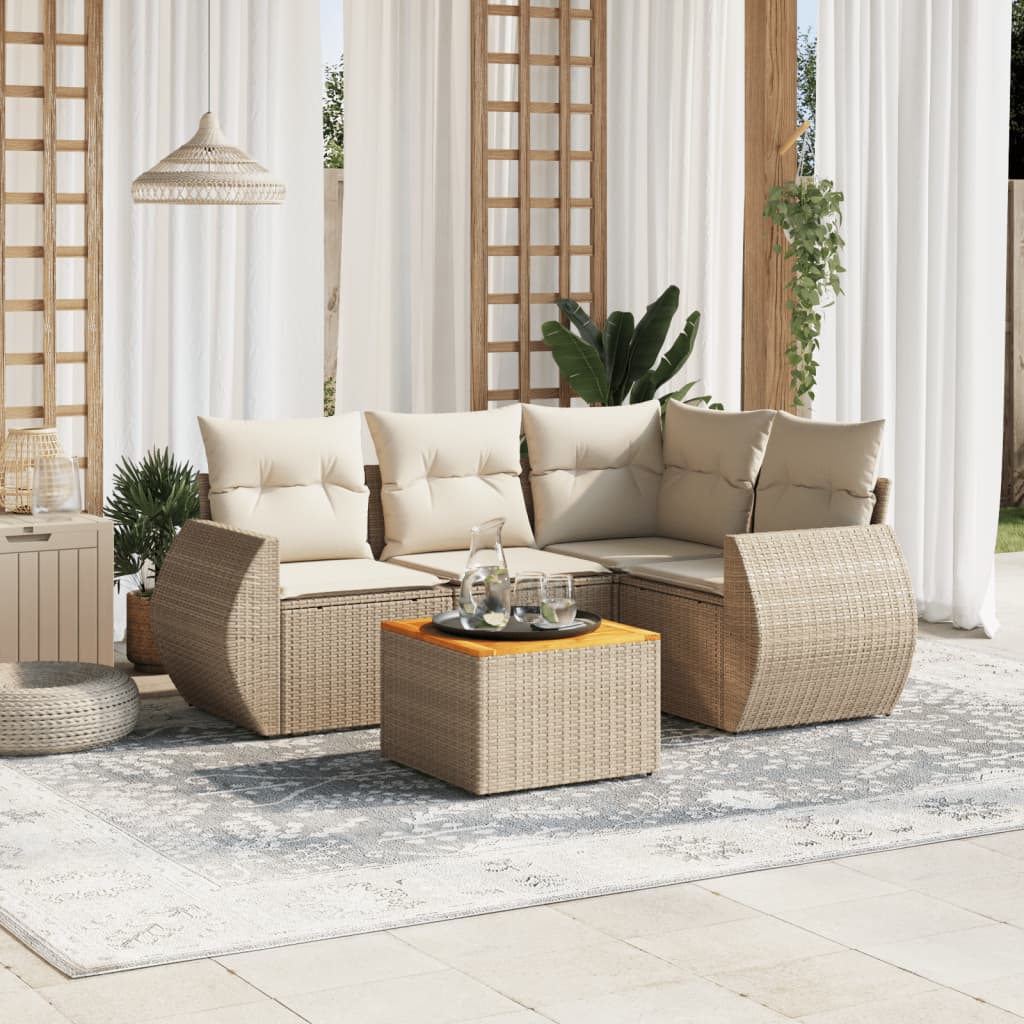 5-delige Loungeset met kussens poly rattan beige – afbeelding 1