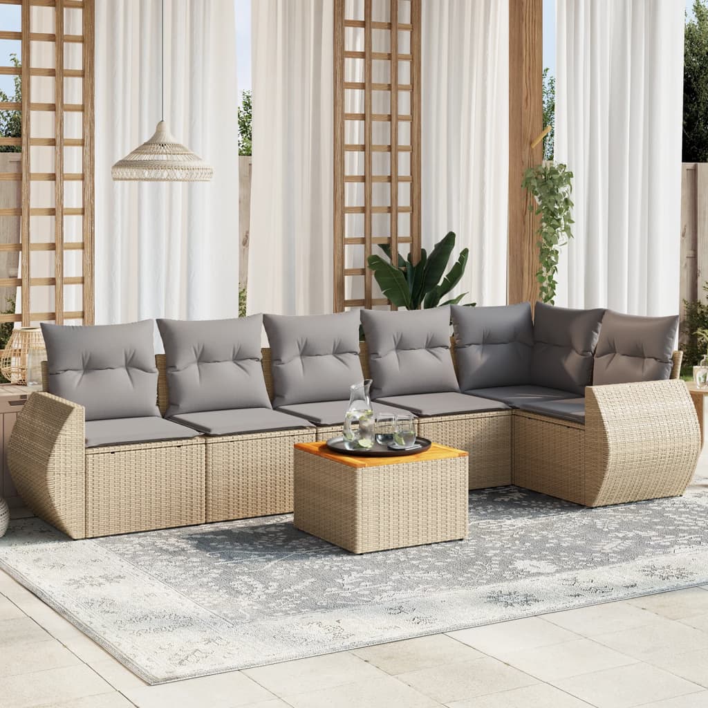 7-delige Loungeset met kussens poly rattan beige – afbeelding 1