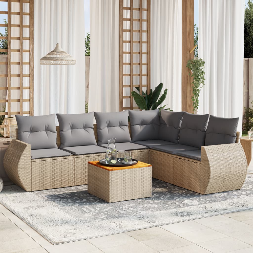 7-delige Loungeset met kussens poly rattan beige – afbeelding 1