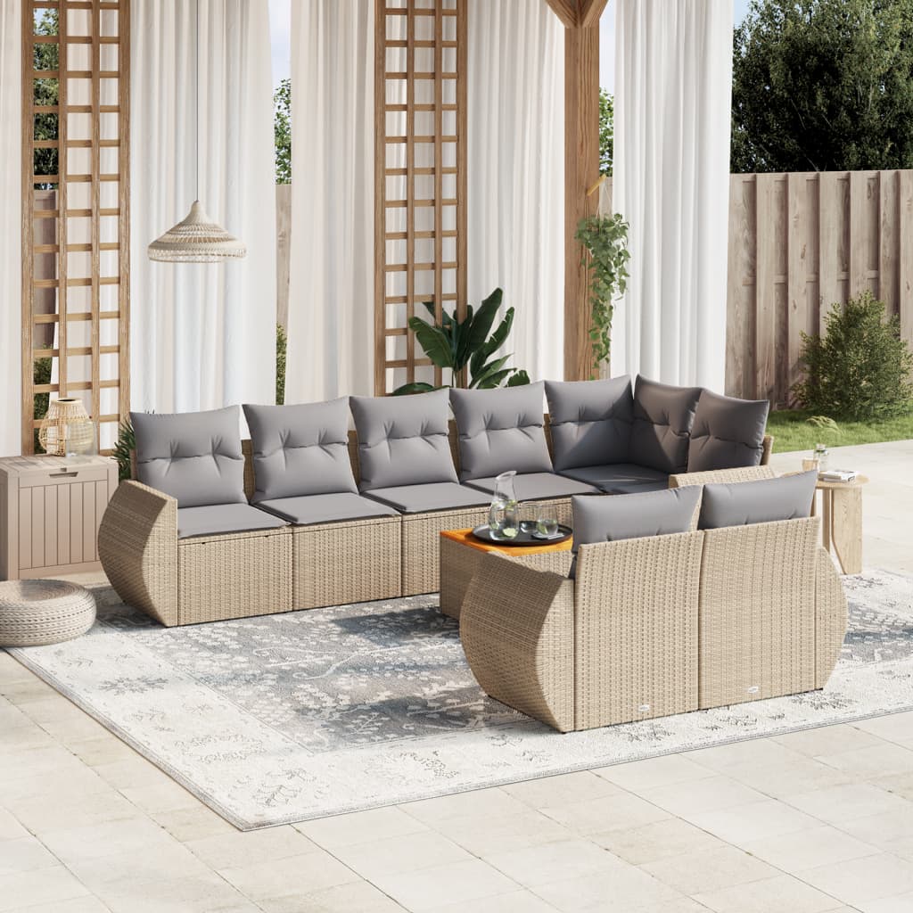 9-delige Loungeset met kussens poly rattan beige – afbeelding 1