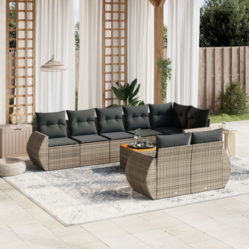 9-delige Loungeset met kussens poly rattan grijs – afbeelding 1