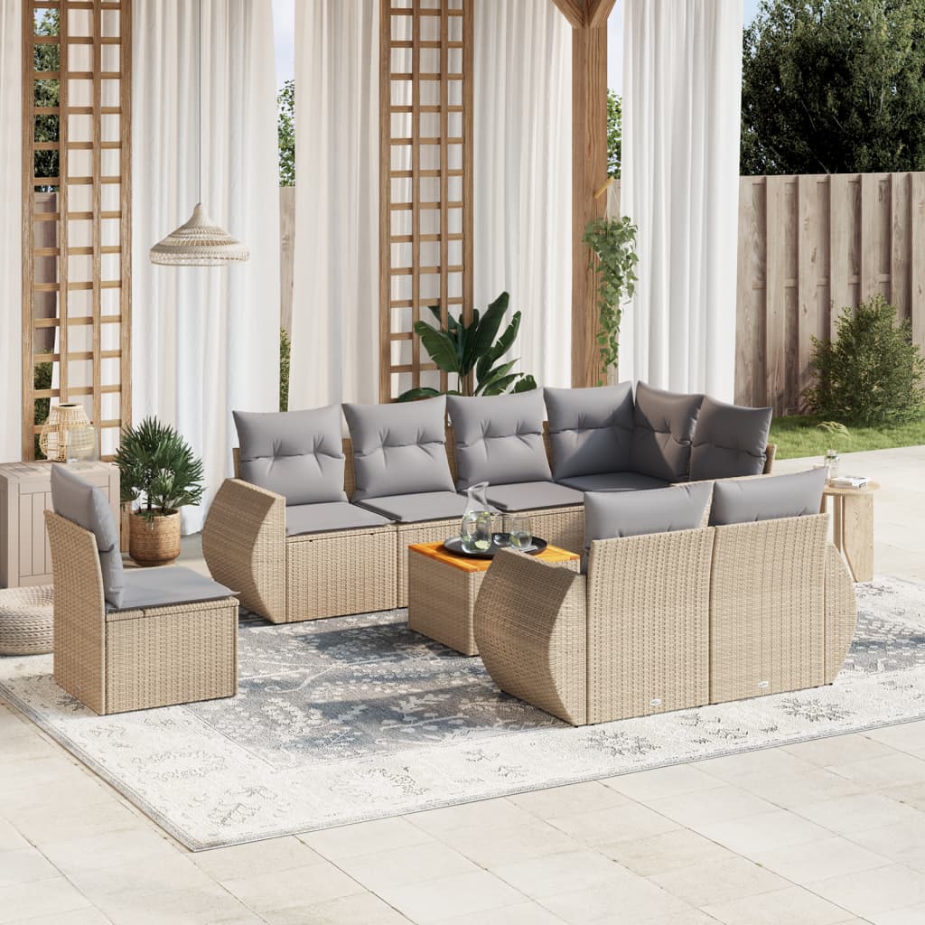 9-delige Loungeset met kussens poly rattan beige – afbeelding 1