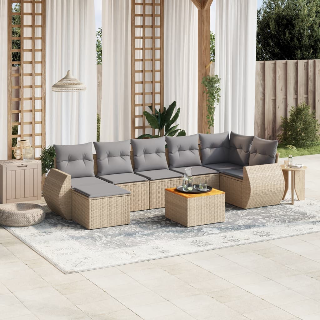 8-delige Loungeset met kussens poly rattan beige – afbeelding 1