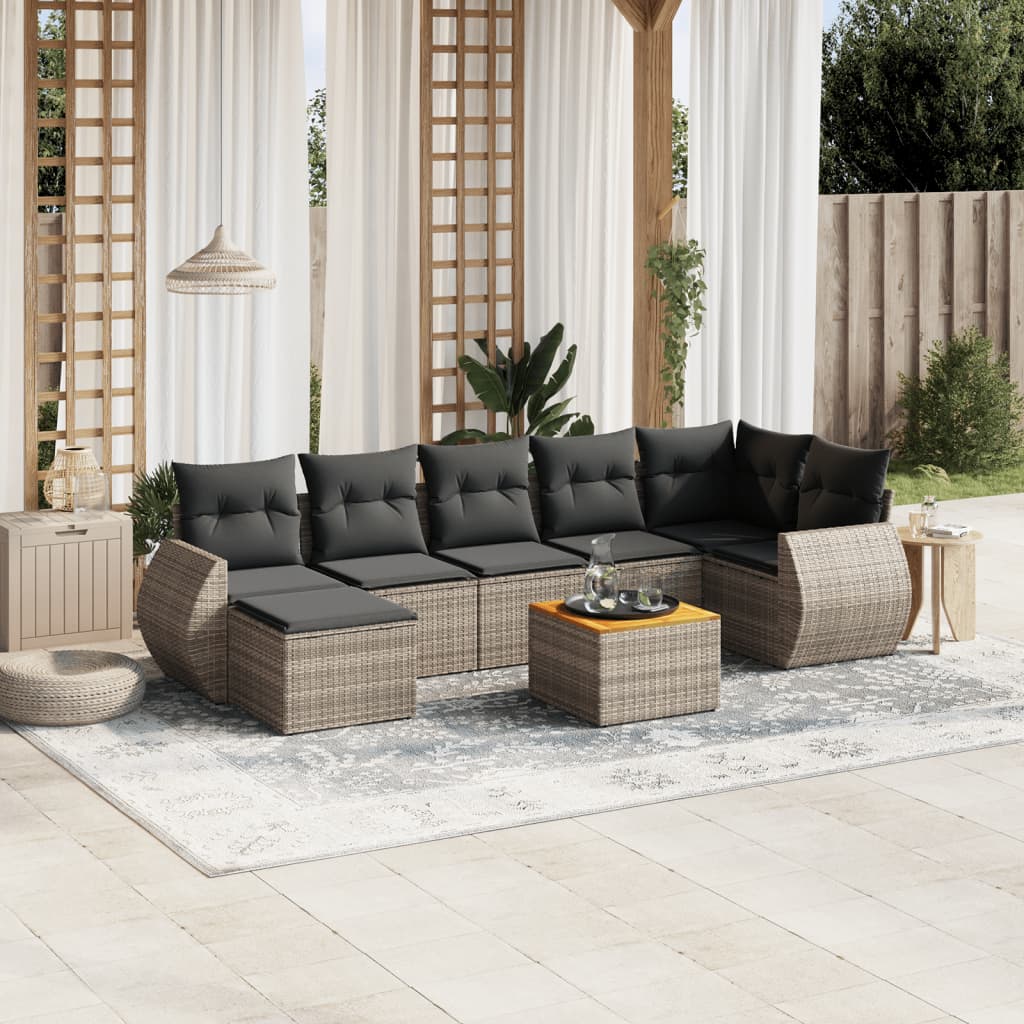 8-delige Loungeset met kussens poly rattan grijs – afbeelding 1