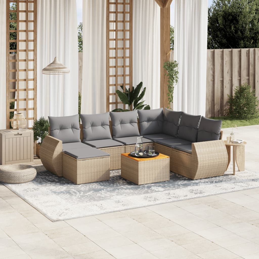 8-delige Loungeset met kussens poly rattan beige – afbeelding 1