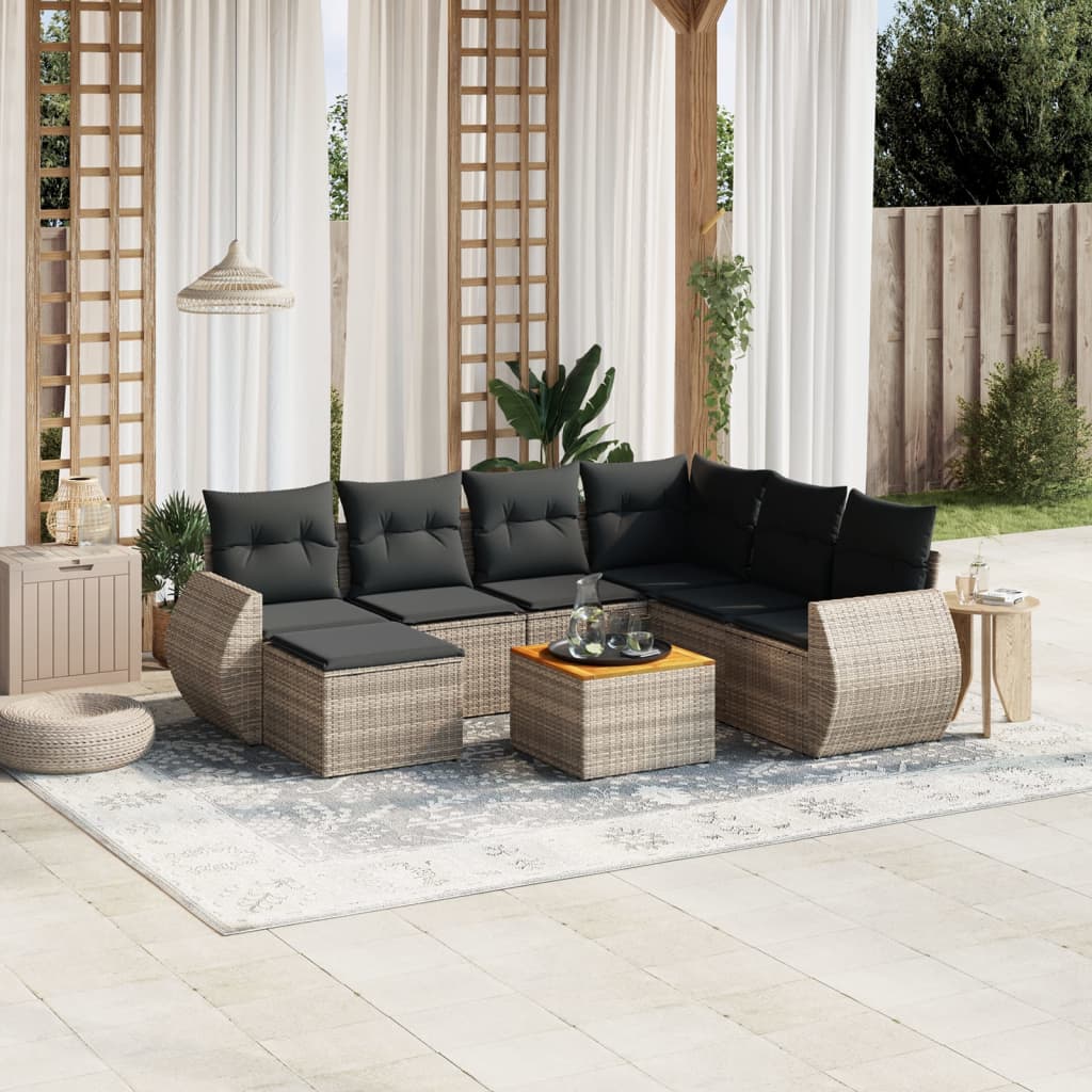 8-delige Loungeset met kussens poly rattan grijs – afbeelding 1