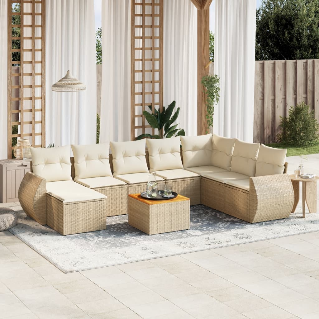 9-delige Loungeset met kussens poly rattan beige – afbeelding 1