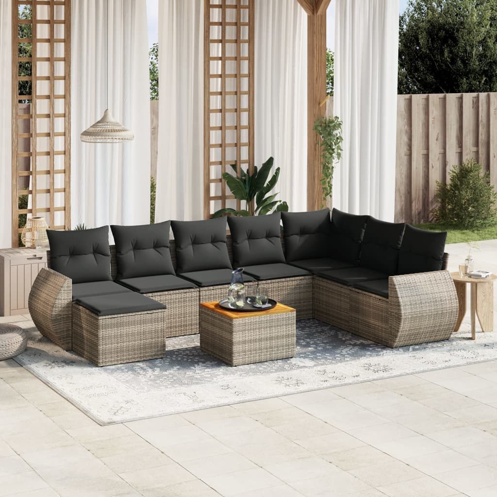 9-delige Loungeset met kussens poly rattan grijs – afbeelding 1