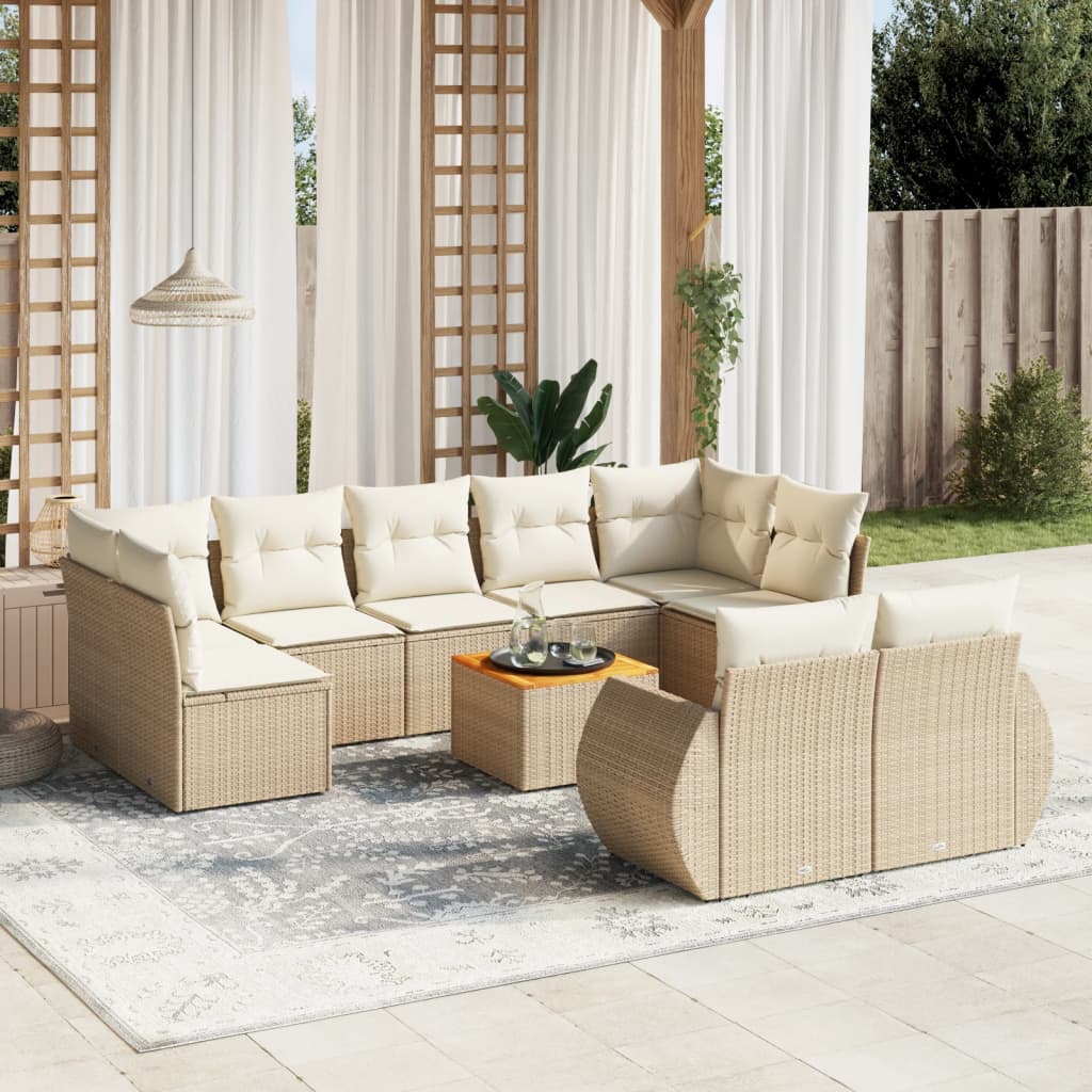 10-delige Loungeset met kussens poly rattan beige – afbeelding 1