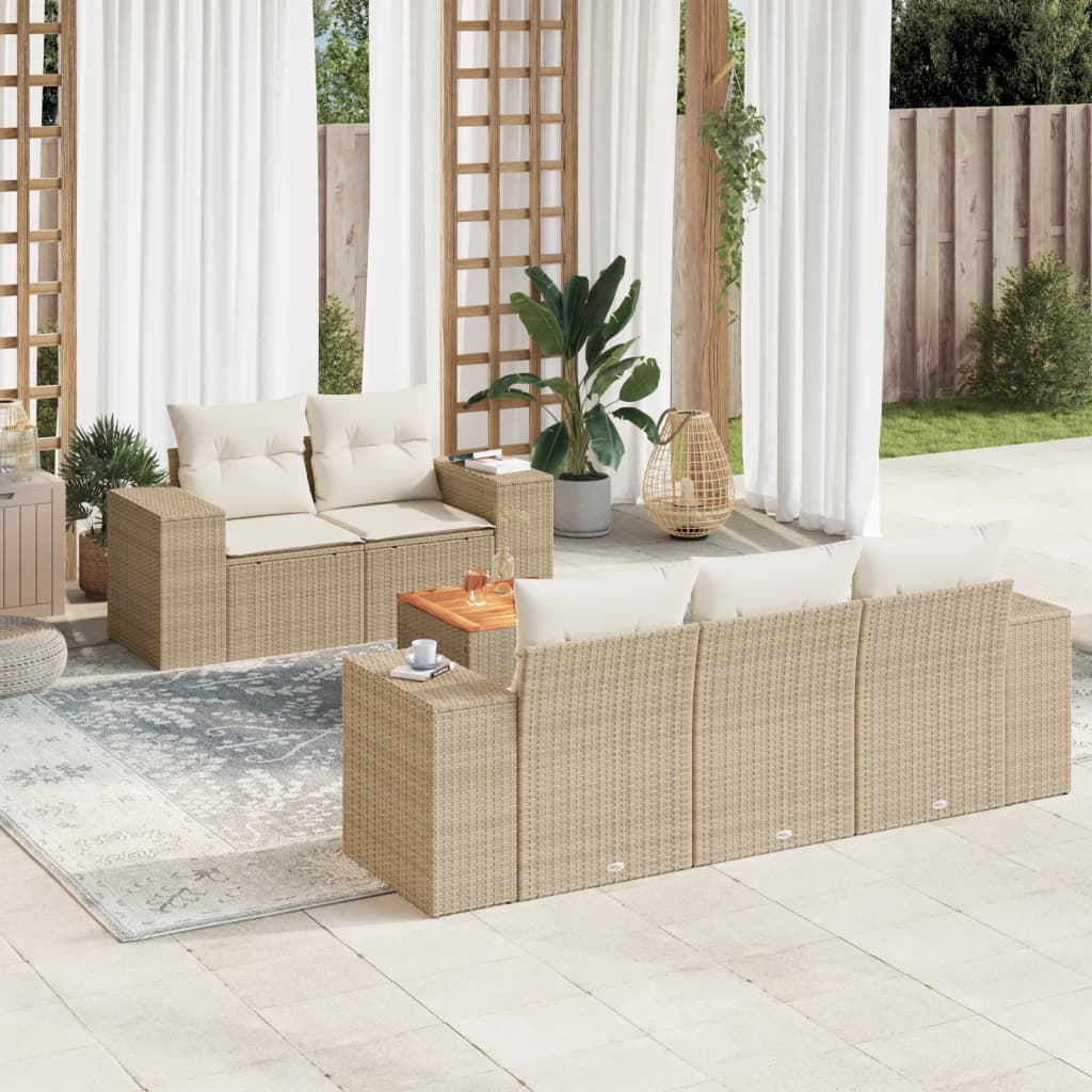 6-delige Loungeset met kussens poly rattan beige – afbeelding 1
