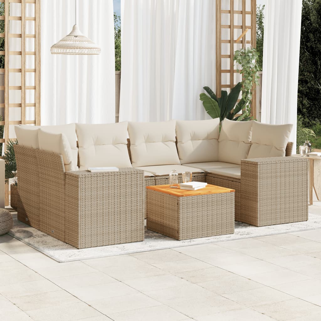 7-delige Loungeset met kussens poly rattan beige – afbeelding 1