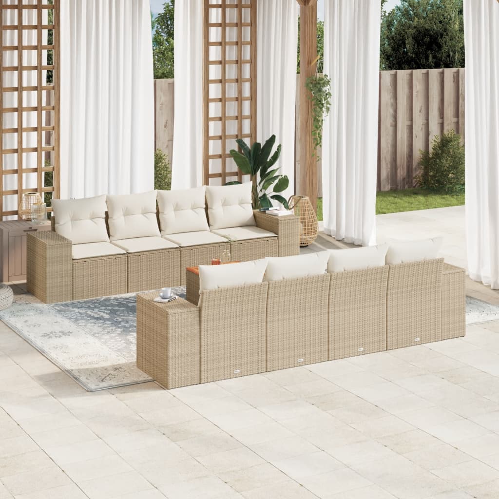 9-delige Loungeset met kussens poly rattan beige – afbeelding 1