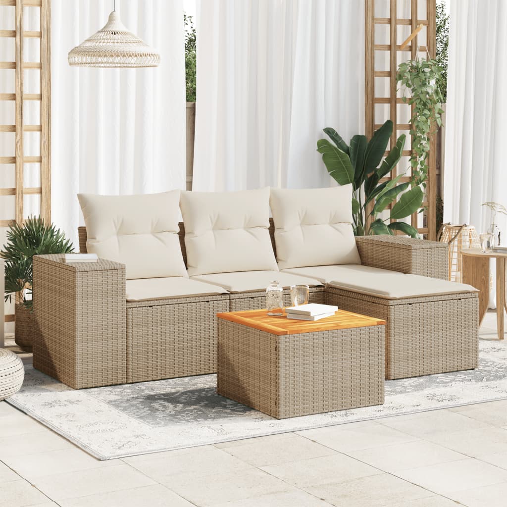 5-delige Loungeset met kussens poly rattan beige – afbeelding 1
