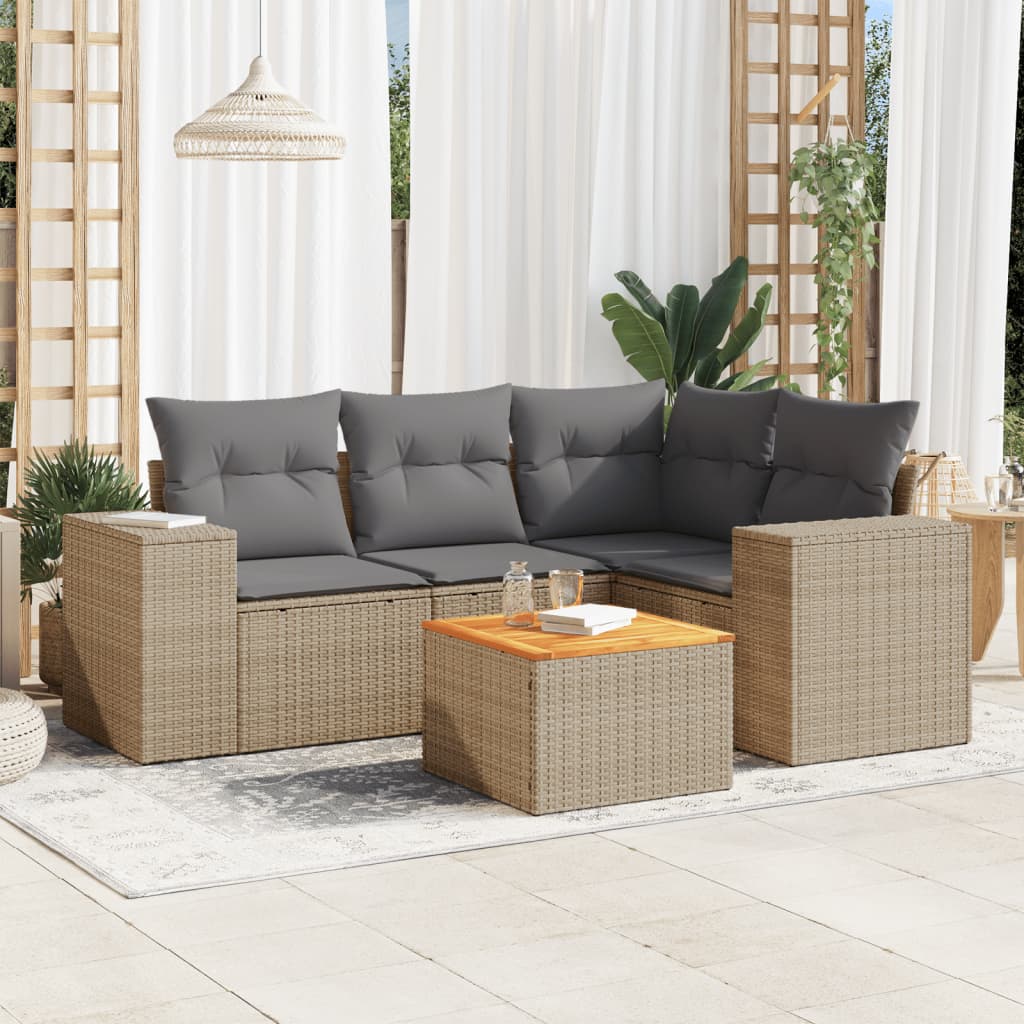 5-delige Loungeset met kussens poly rattan beige – afbeelding 1