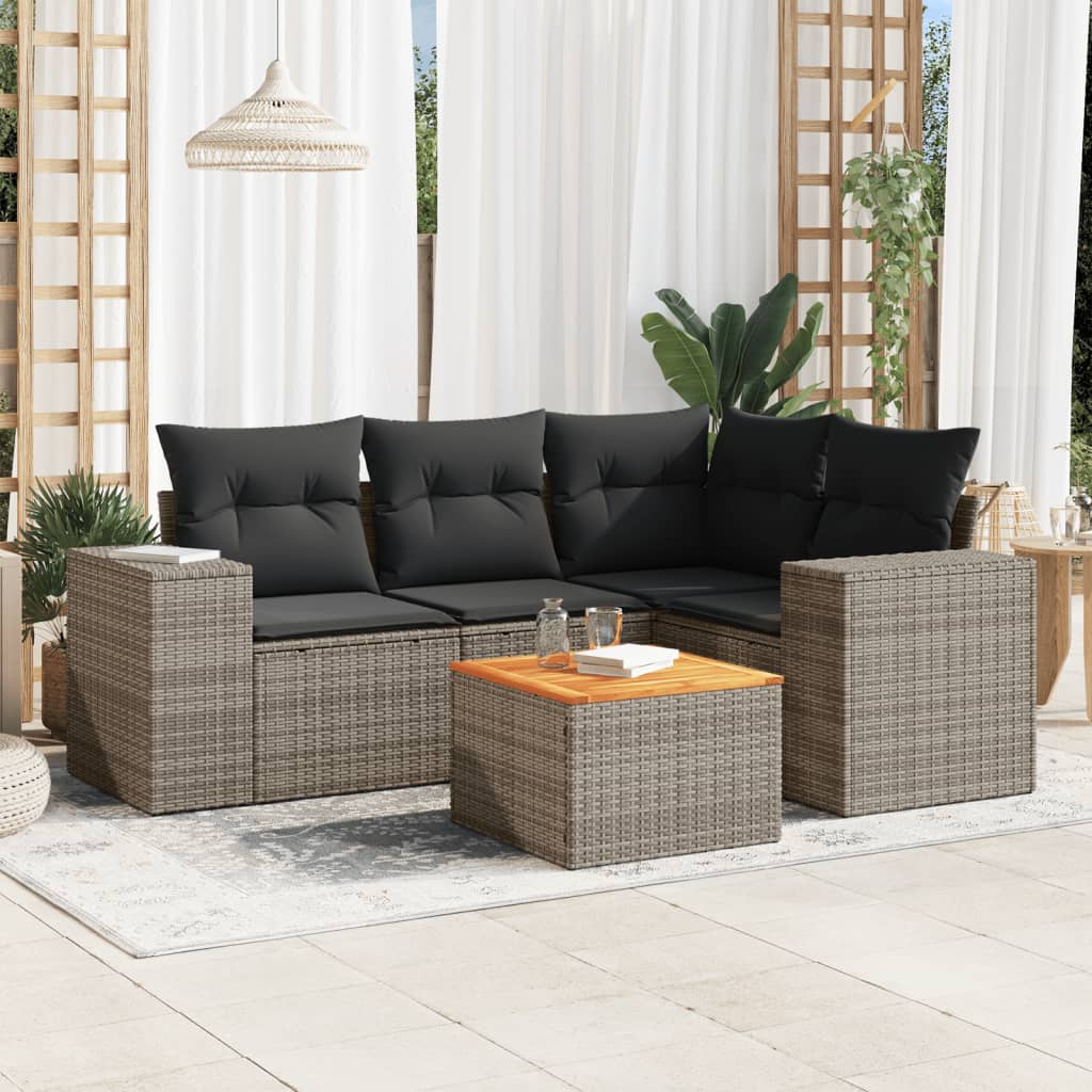 5-delige Loungeset met kussens poly rattan grijs – afbeelding 1