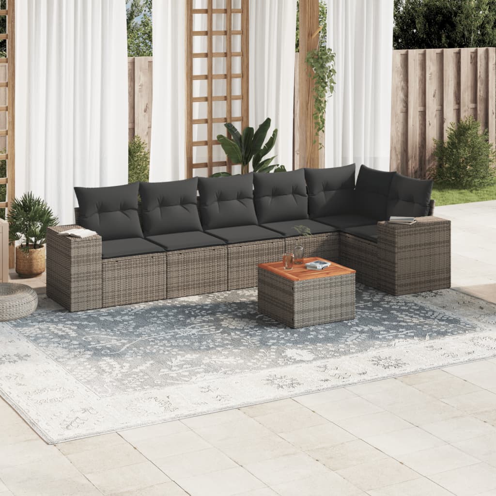 7-delige Loungeset met kussens poly rattan grijs – afbeelding 1