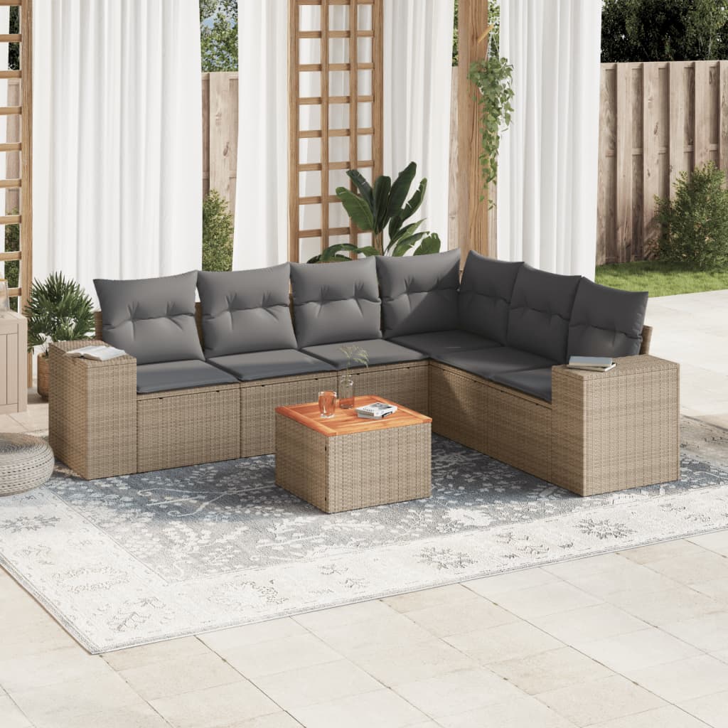 7-delige Loungeset met kussens poly rattan beige – afbeelding 1