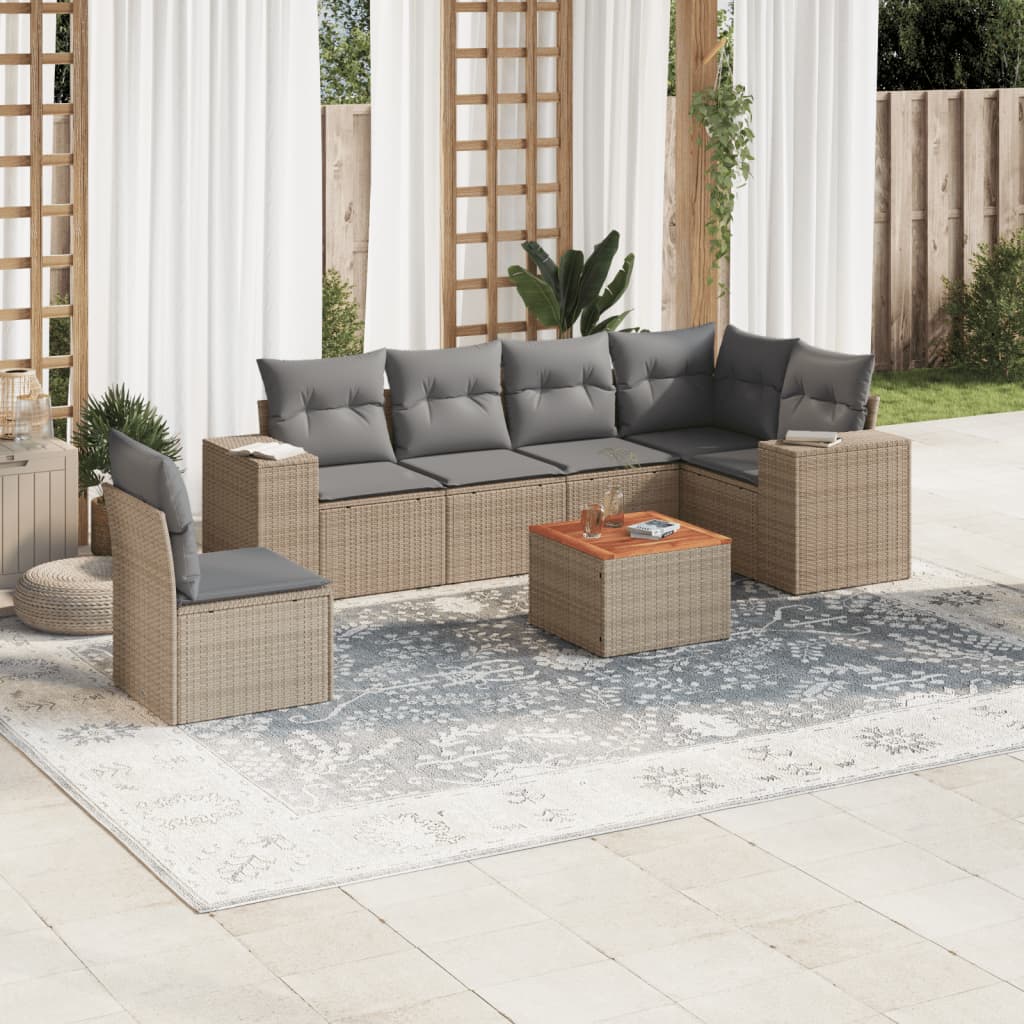 7-delige Loungeset met kussens poly rattan beige – afbeelding 1