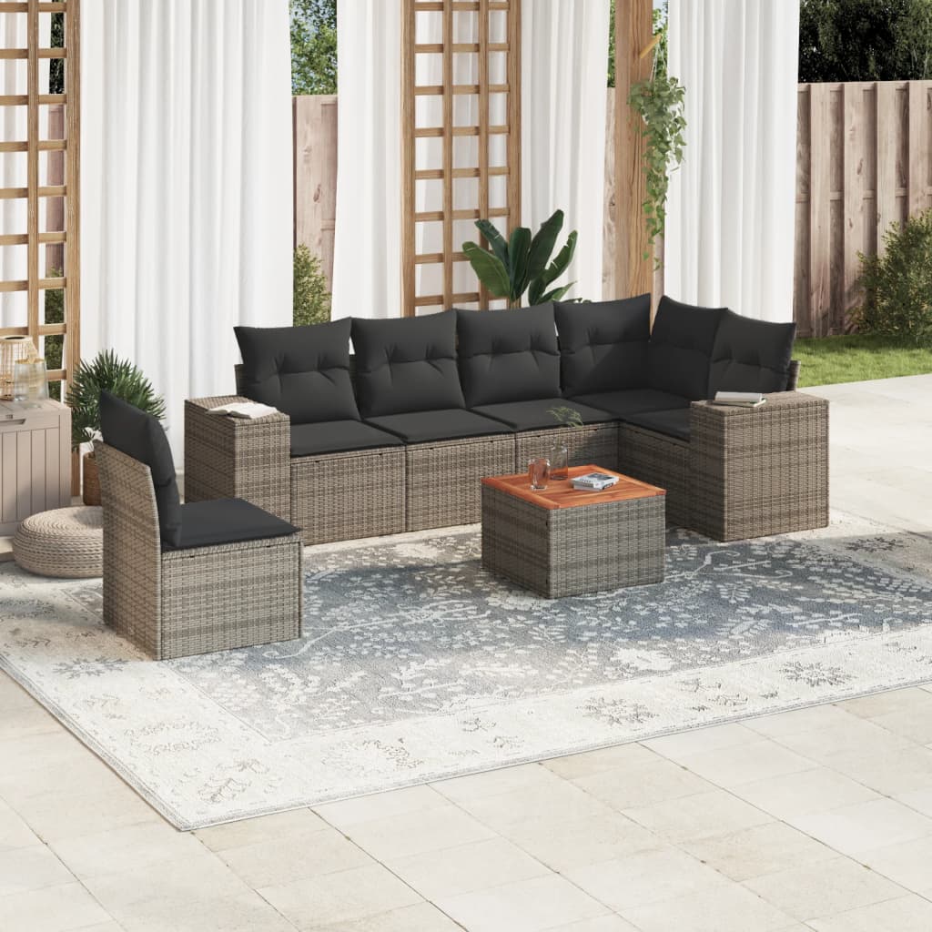 7-delige Loungeset met kussens poly rattan grijs – afbeelding 1