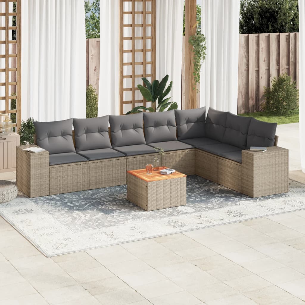 8-delige Loungeset met kussens poly rattan beige – afbeelding 1